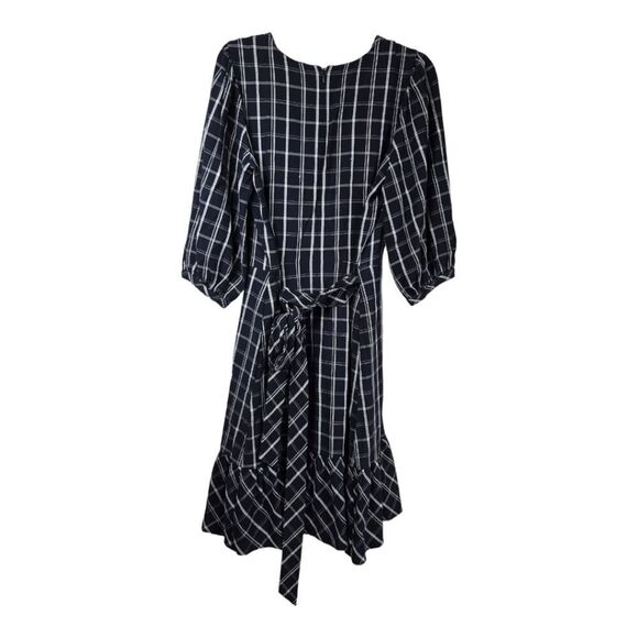 Calvin Klein Navy Belted Plaid Gauze Dress Balloon Puff Sleeves A-line CK Career - Picture 11 of 16
